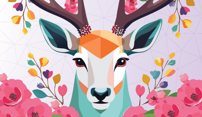 Geometric deer face with flowers blooming from its antlers